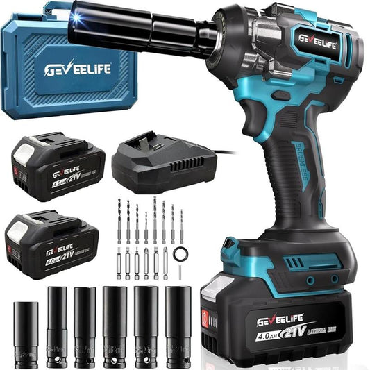 GEVEELIFE 700Nm Brushless Cordless Impact Wrench 1/2", 2×4.0Ah